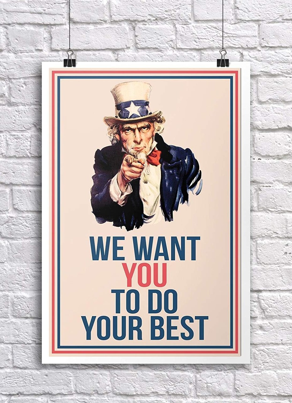Uncle Sam “We Want You” Classroom Poster – 18x12 Premium 100lb Gloss Educational Motivational Wall Decor for School, Teacher Office, Homeschool & Inspirational Room Decoration